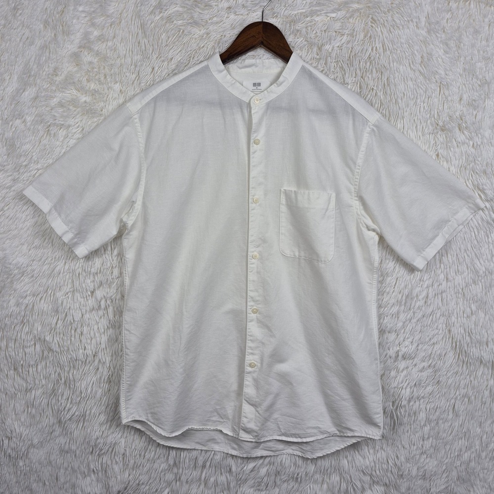 Uniqlo Mens White‎ Cotton Linen Band Collar Short Sleeve Shirt Size M